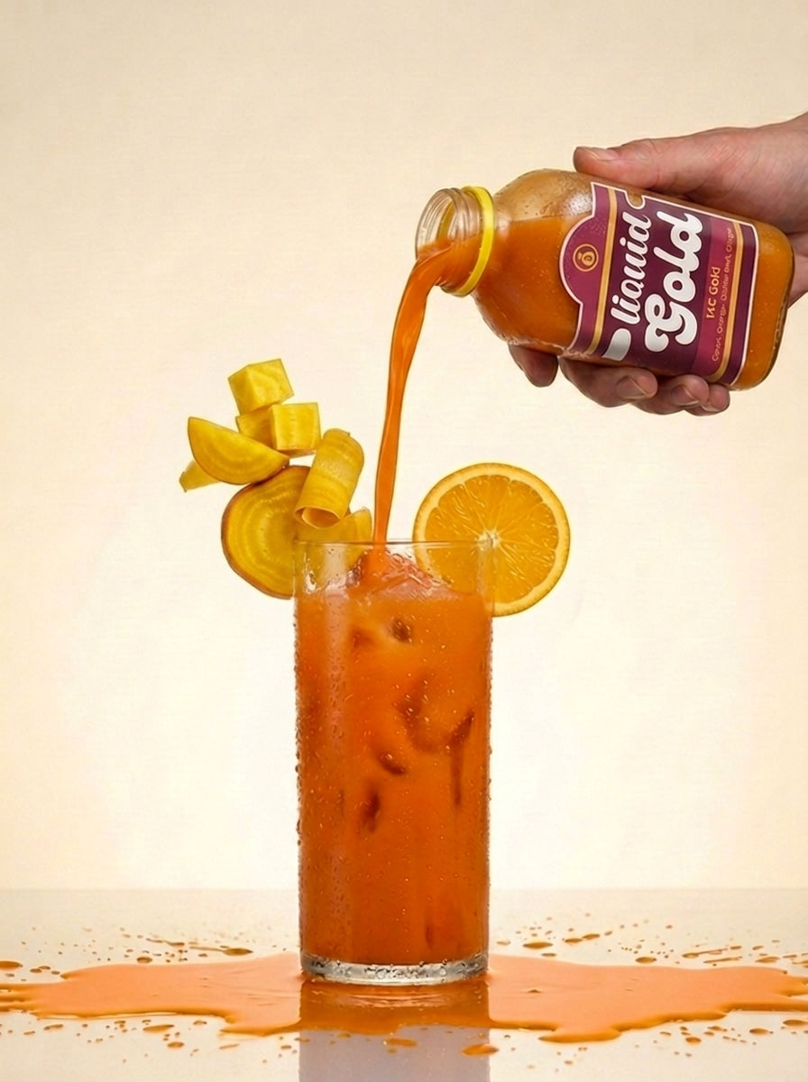 14C Gold cold-pressed carrot orange golden beet ginger juice bottle — Liquid Gold Juice Vault Petaluma CA