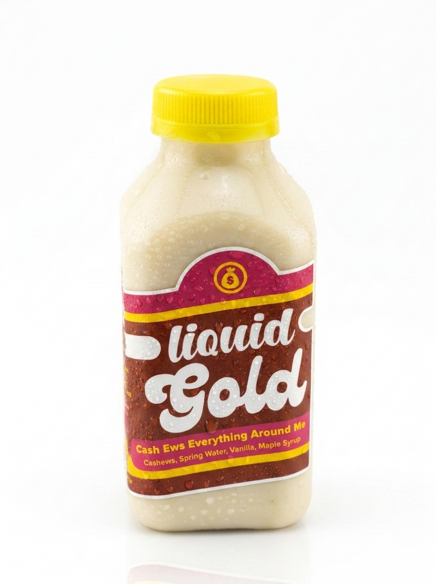 Cash Ews raw cashew milk bottle with organic cashews vanilla maple syrup — Liquid Gold Juice Vault Petaluma CA