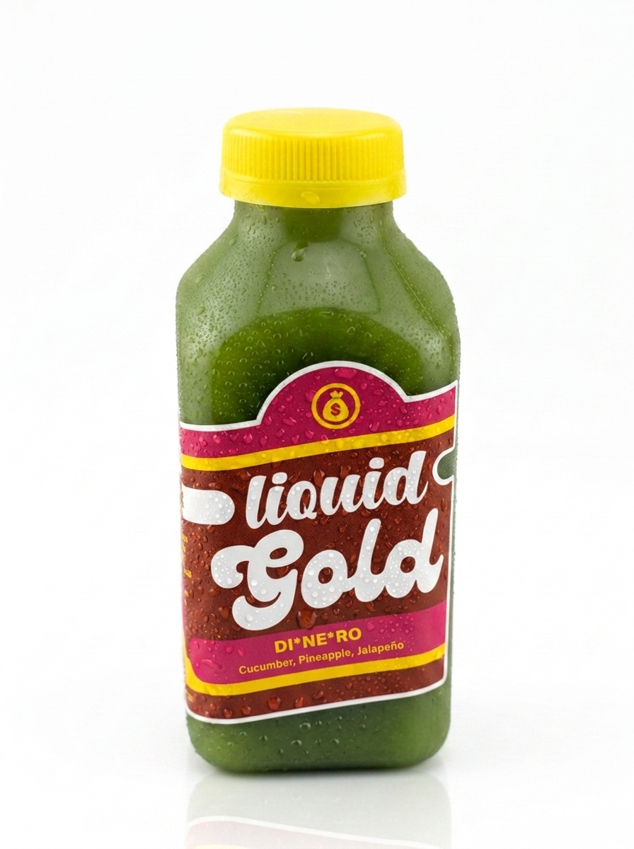 DI*NE*RO cold-pressed cucumber pineapple jalapeño green juice bottle — Liquid Gold Juice Vault Petaluma CA