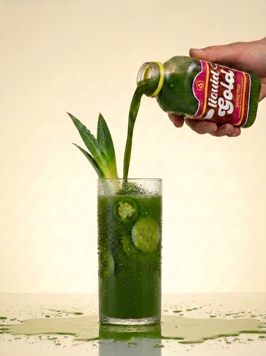 DI*NE*RO cold-pressed cucumber pineapple jalapeño green juice bottle — Liquid Gold Juice Vault Petaluma CA