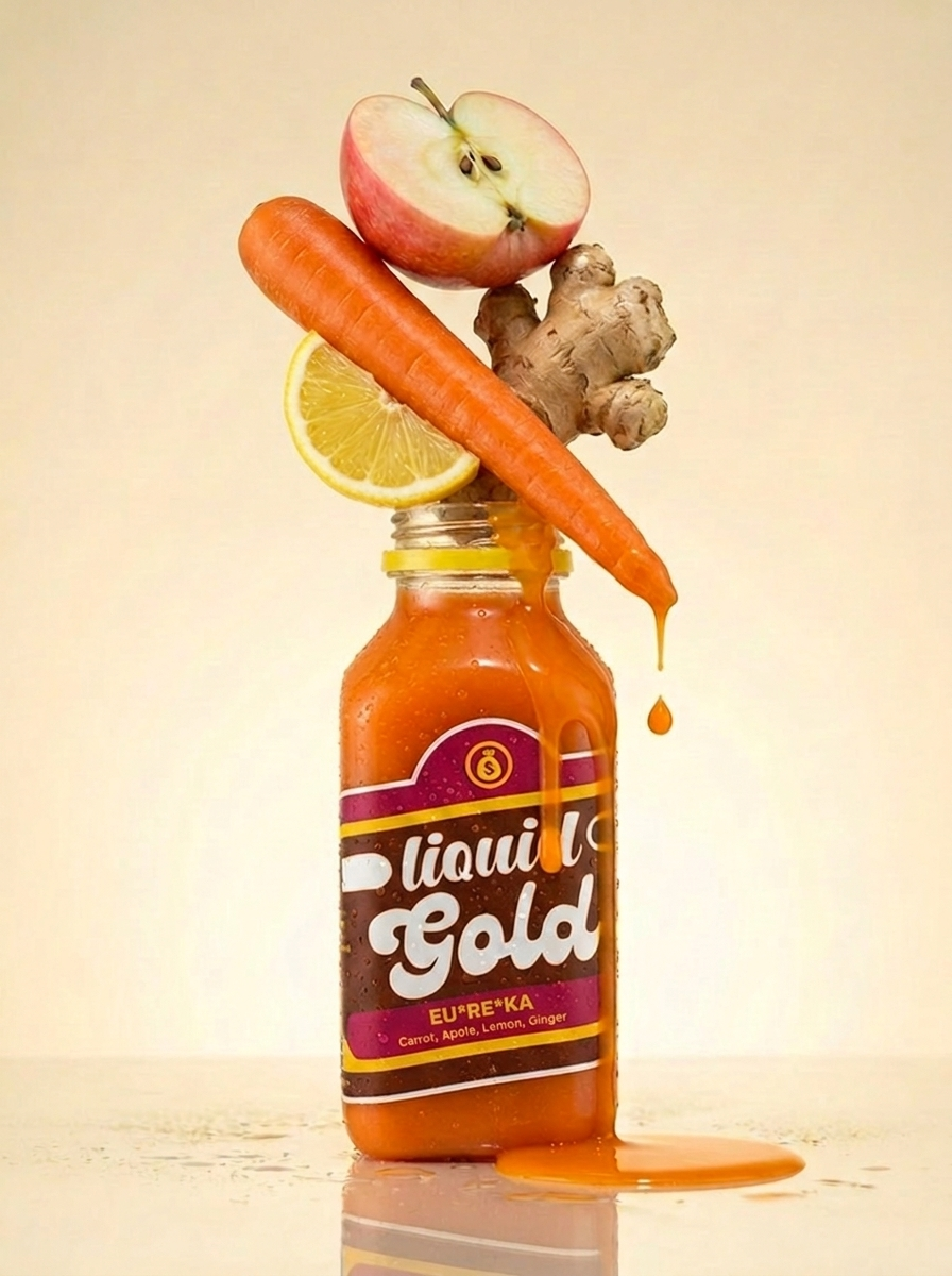 Eureka cold-pressed carrot apple lemon ginger orange juice bottle — Liquid Gold Juice Vault Petaluma CA