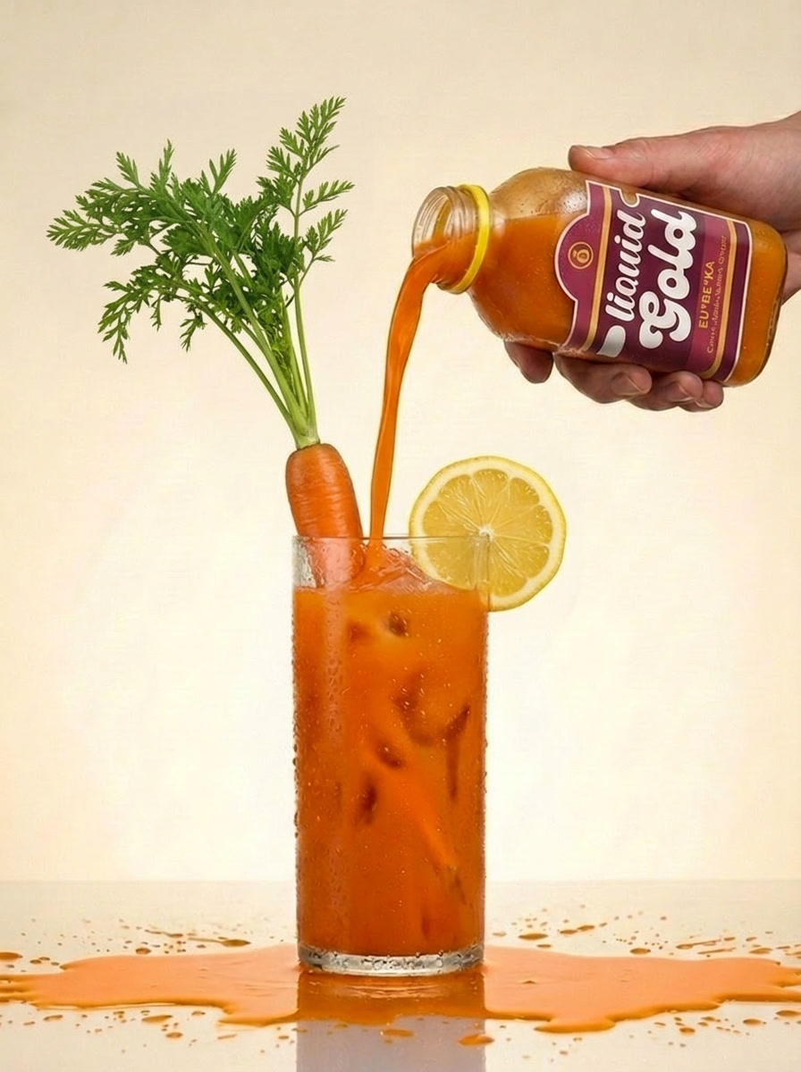Eureka cold-pressed carrot apple lemon ginger orange juice bottle — Liquid Gold Juice Vault Petaluma CA
