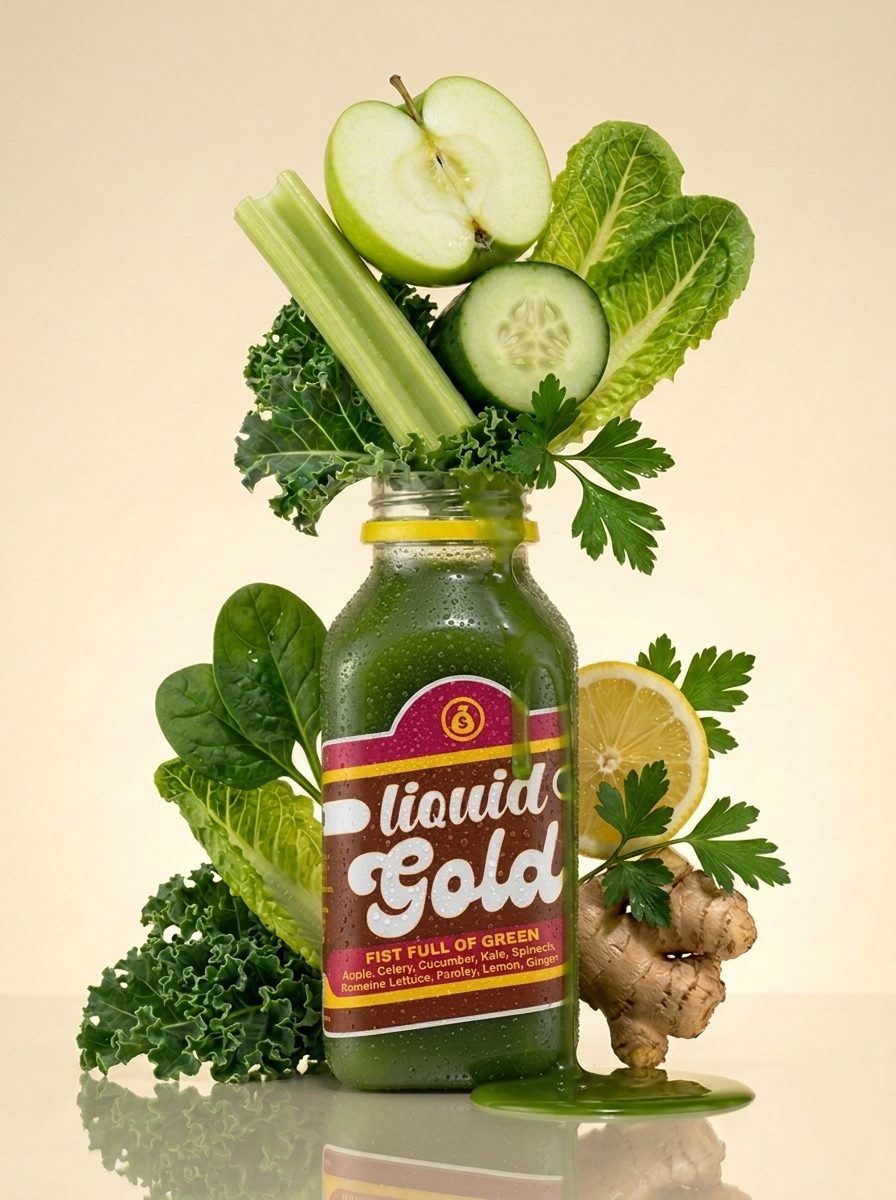 Fist Full of Green cold-pressed detox juice bottle with kale spinach celery parsley — Liquid Gold Juice Vault Petaluma CA