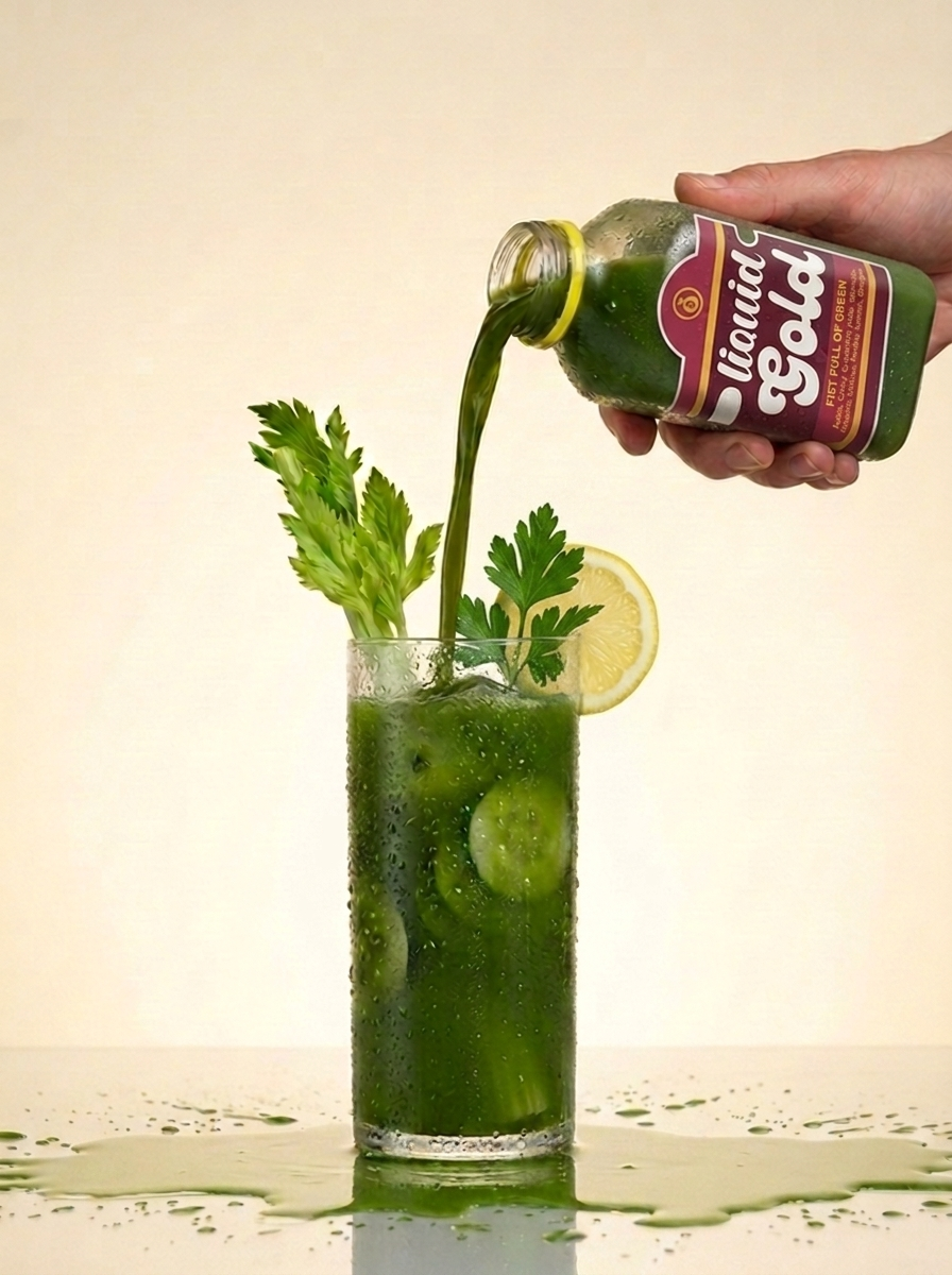 Fist Full of Green cold-pressed detox juice bottle with kale spinach celery parsley — Liquid Gold Juice Vault Petaluma CA