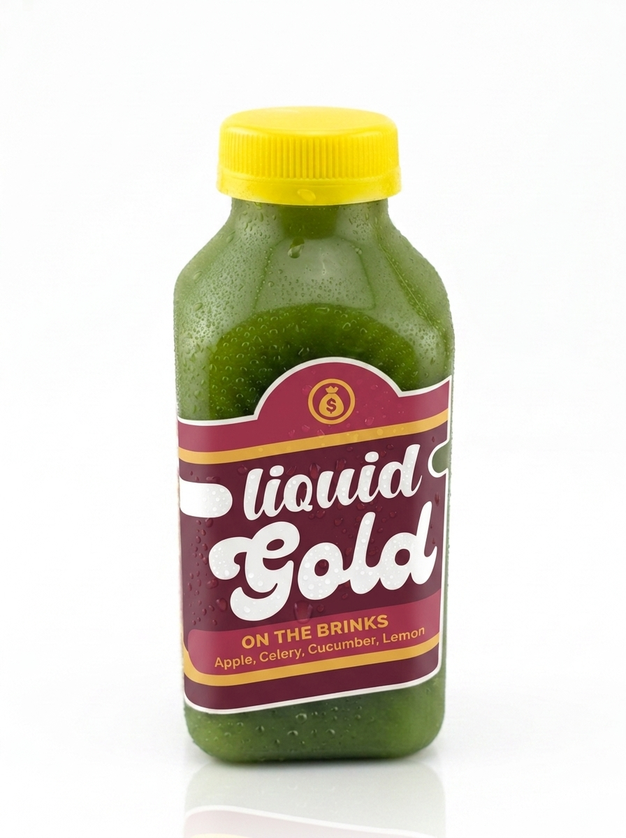 On The Brinks cold-pressed celery apple cucumber lemon green juice bottle — Liquid Gold Juice Vault Petaluma CA