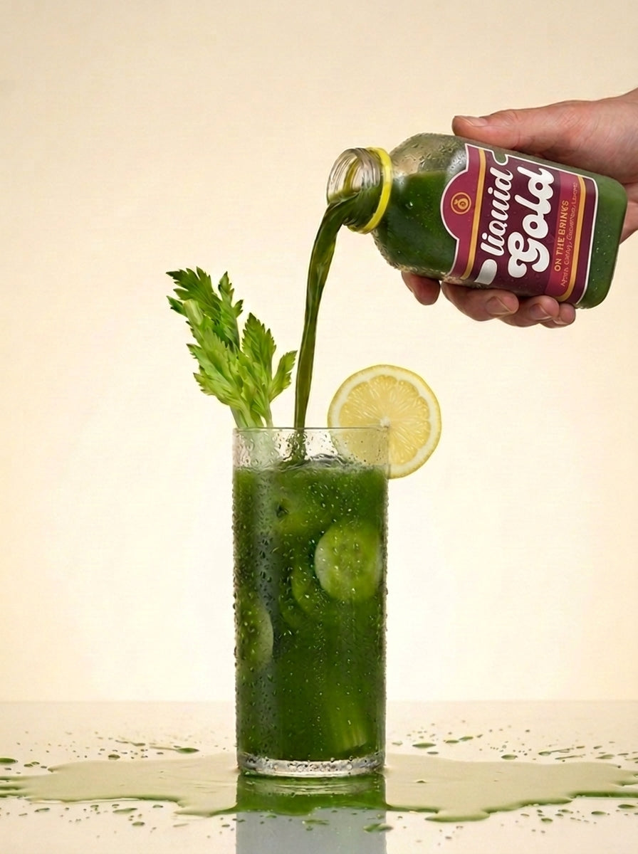 On The Brinks cold-pressed celery apple cucumber lemon green juice bottle — Liquid Gold Juice Vault Petaluma CA