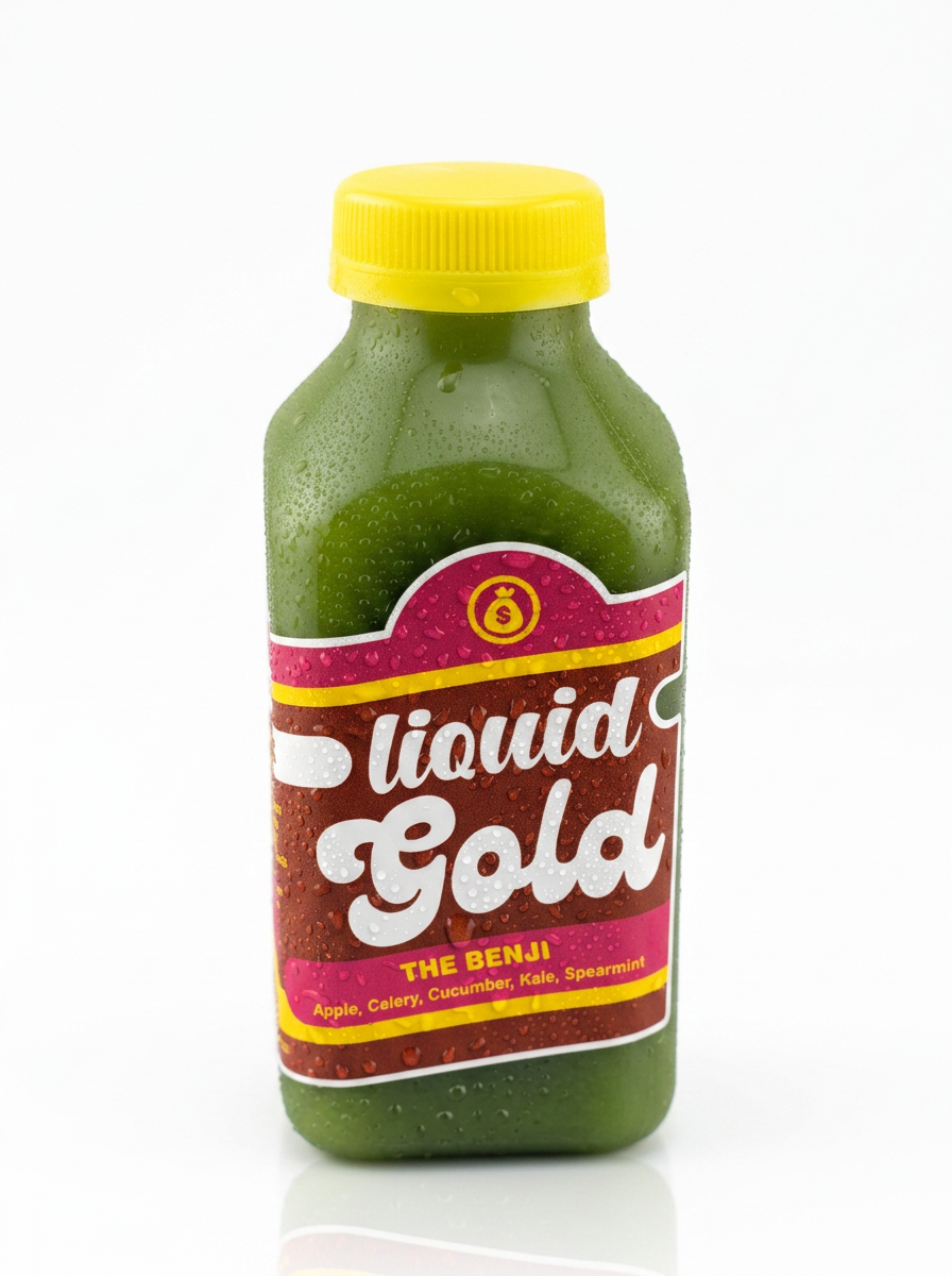 The Benji cold-pressed green juice bottle with apple celery cucumber kale spearmint — Liquid Gold Juice Vault Petaluma CA