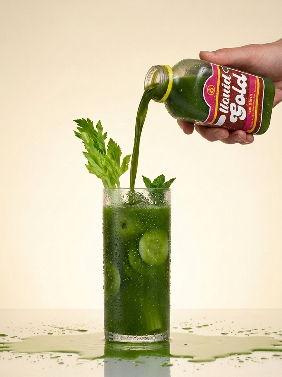 The Benji cold-pressed green juice bottle with apple celery cucumber kale spearmint — Liquid Gold Juice Vault Petaluma CA