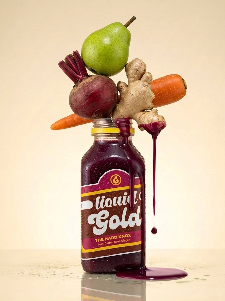 The Hard Knox cold-pressed beet carrot pear ginger red juice bottle — Liquid Gold Juice Vault Petaluma CA